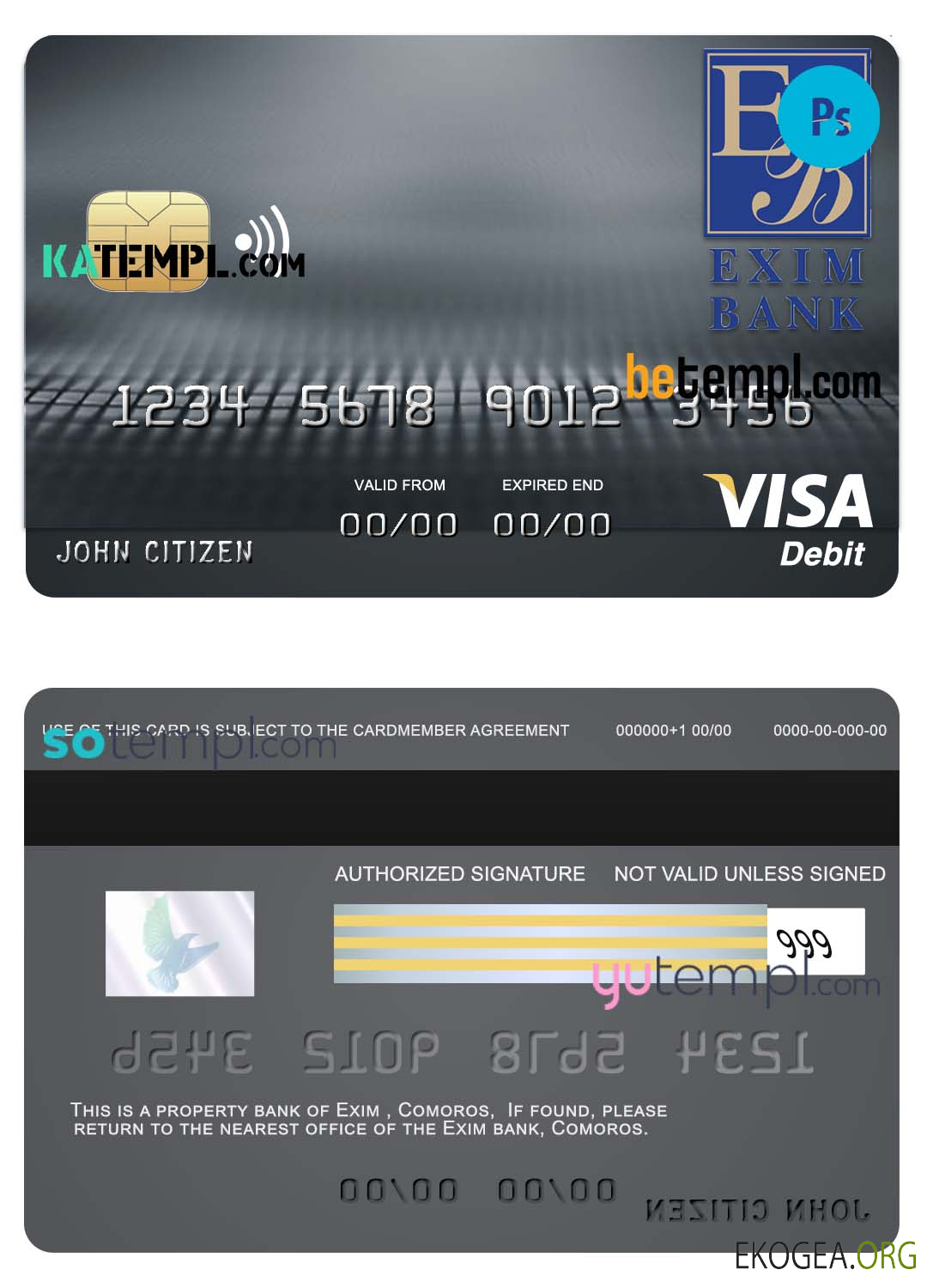 Modèle de carte de débit visa bancaire Comores Exim au format PSD, entièrement modifiable